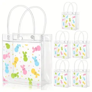 6pcs Easter PVC Bunny Gift Bags with Handles, Durable Holiday Packaging, Simple Design, Perfect for Eggs Candies Gifts, Reduce Waste
