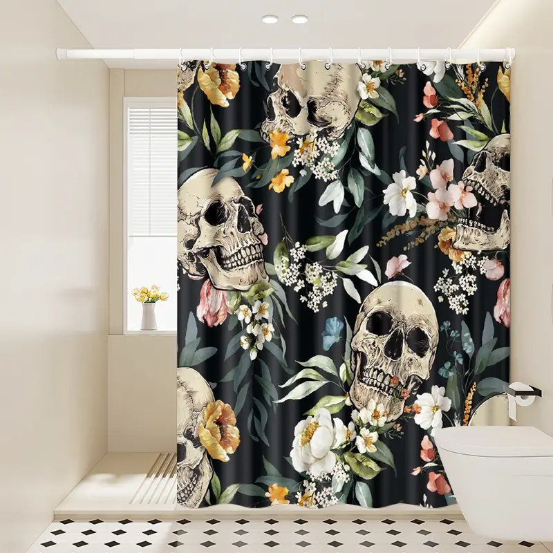 1pc Floral Skull Waterproof Shower Curtain, Gothic Spooky Bathroom Decor, Watercolor Skull - Flower Pattern Design, 70.9x70.9in Hanging Curtain with Hooks, Ideal Gift for Housewarming or Friends