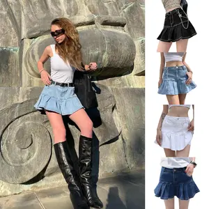 Tanming Womens Jean Skirt Y2K High Waist A-Line Ruffle Pleated Denim Short Mini Skirts