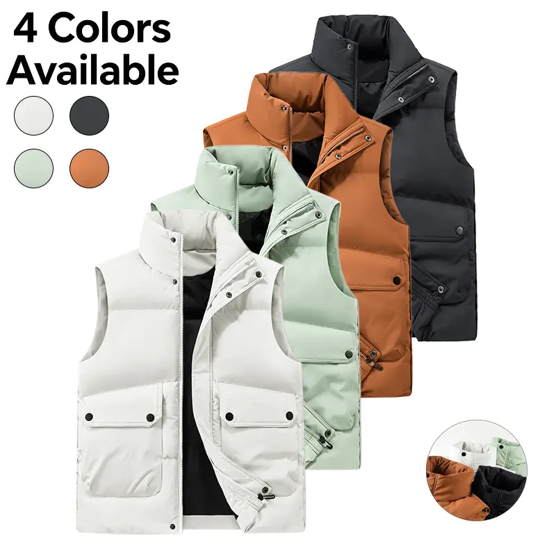 Men’s stand collar vest, windproof sleeveless gilet, multi-pocket loose warm winter casual outerwear, available in four colors