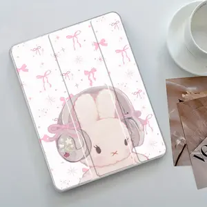 Pink Bunny Folding Stand Case for iPad, Transparent Acrylic Hard Back, Pencil Slot & Charger Slot, Scratch-Resistant Slim Protective Cover for iPad 10.2 2019-2021, Mini, Pro, Air, Ipad Tablet Accessories