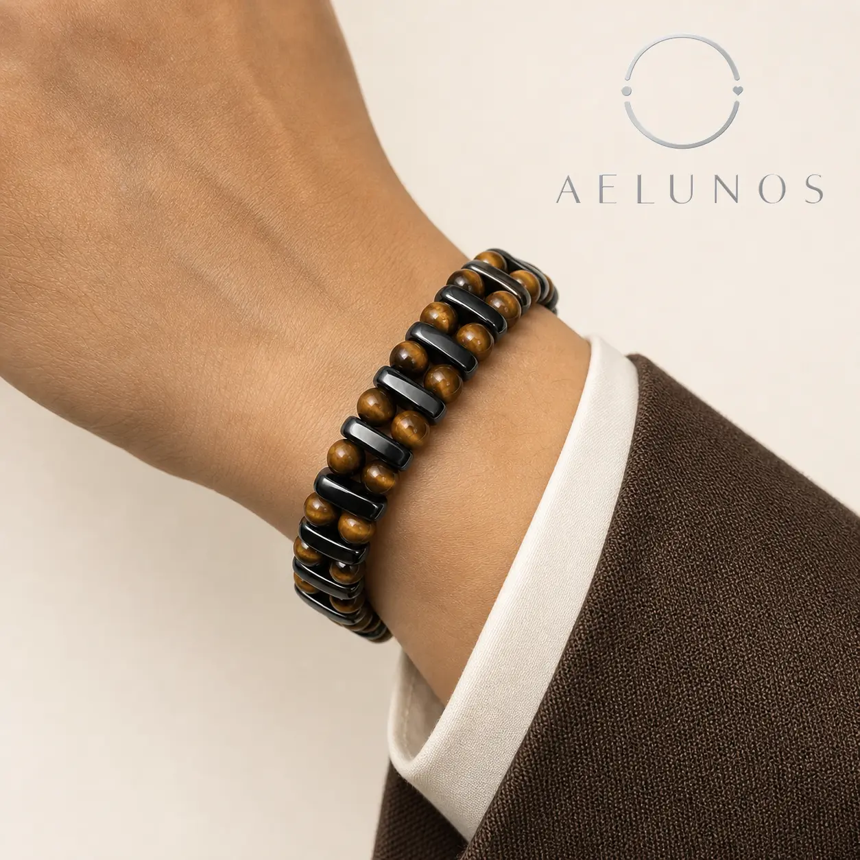 AELUNOS Protection Bracelet with 6 mm Tiger's Eye and Hematite Gemstone Beads, Adjustable Double-Strand Braided Design, Elegant Boho Style for Men, Daily Wear Gift for Him