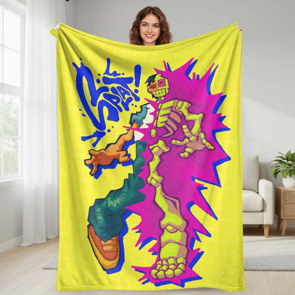 Vibrant Urban Splat Skeleton Flannel Throw Blanket, Streetwear-Inspired Graphic, Super Soft Lightweight Breathable Fuzzy, Ideal for Living Room Sofa, Unique Artistic Home Decor Gift for Teenagers