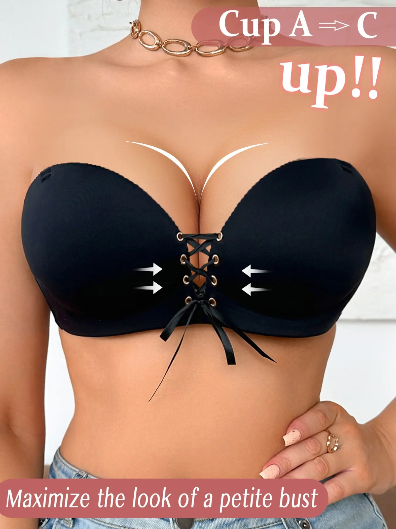 Women's Seamless Breathable Push-Up Medium Elegant Fit Lift Bralette Underwear, Deep V Front Tie Lift Cup, Invisible Anti-Slip,Multiway Detachable Straps, for Dates, Backless, off-shoulder Dresses