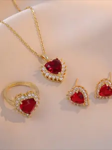 Red Glass Heart Shaped Jewelry Set - Earrings, Ring, Pendant, Valentine's Day Gift Valentines
