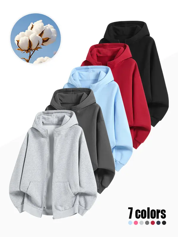 Unisex basic solid-color zip-up hooded sweatshirt/hoodie, breathable, wrinkle-resistant, loose fit outerwear, available in multiple colors