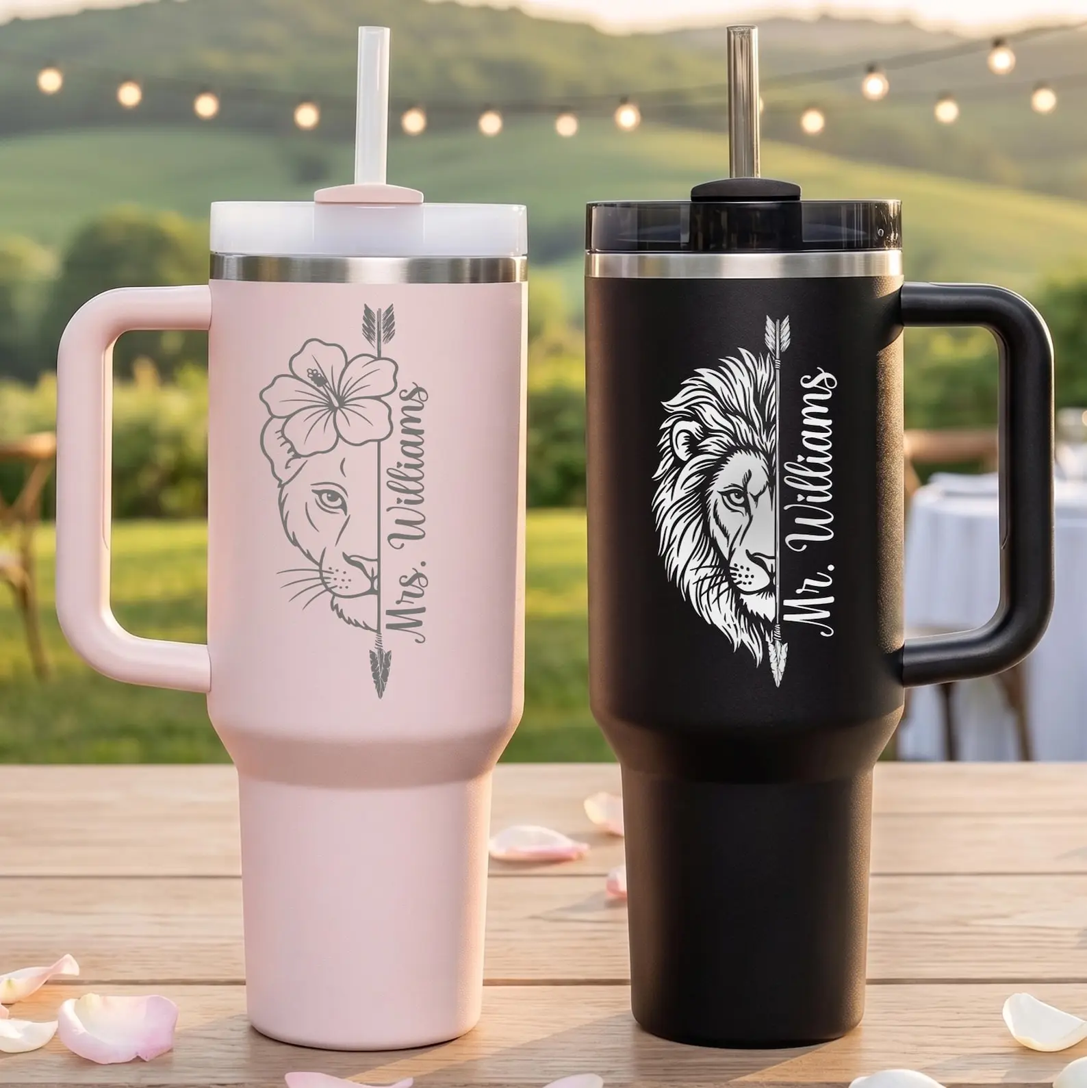 2PCS 40oz Stainless Steel Vacuum Insulated Flasks with Handle & Lid, Laser-Engraved Wedding Tumblers with Straw - Custom Content/Photo Wedding Gift for Newlyweds (Customize via Shop Chat)