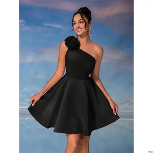 WeddingGuest ForBirthday SemiFormalDress LovelziElegant GorgeousPink3DFloralAppliqueRuffleAsymmetricalNeckShortPromDress GraduationHomecomingPartyDress