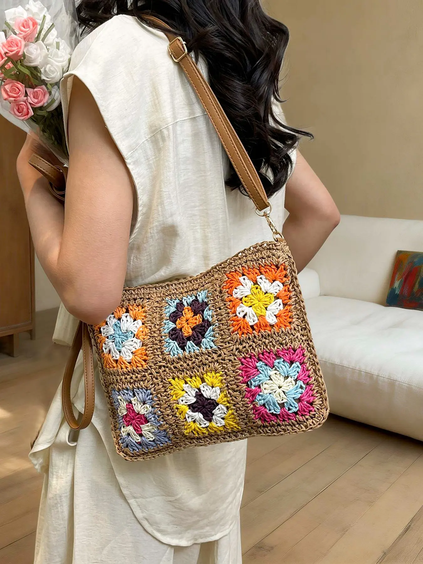 French Grandma Checkerboard Straw Bag, Colorblock Knit Single Shoulder Crossbody, Colorblock Pattern Bag, Casual Crossbody Bag, Beach Vacation Style, Lightweight Summer Handbag for Women, Casual Fashion Bag