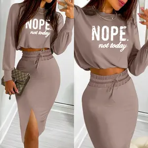 CHICME Women's 2-Piece Elastic Stretchy Outfit Set - Plain Longsleeves Crop Top with "NOPE. Not Today" Slogan Print, High Waist Drawstring Slit Skirt, Regular Fit (Women's Clothing)