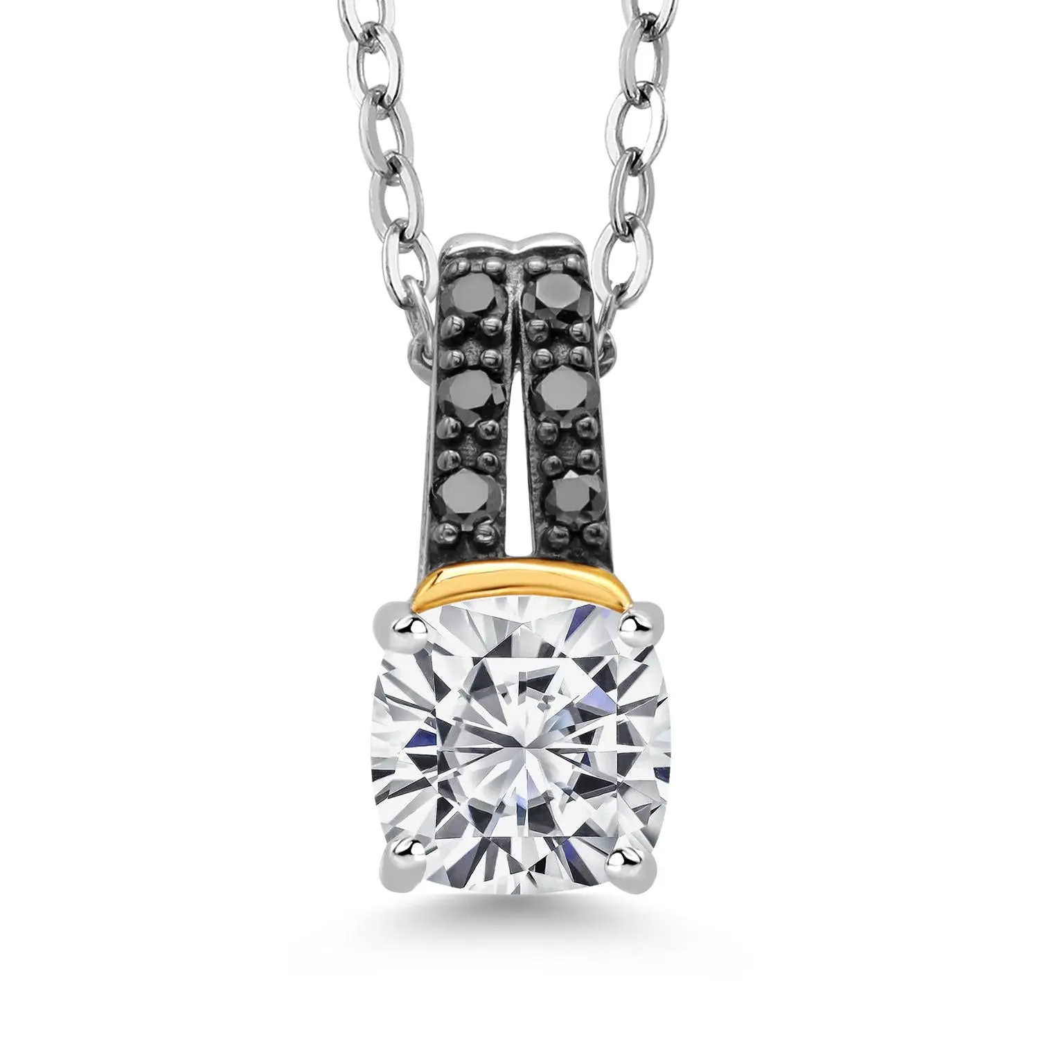 Gem Stone King 1.06 Cttw 925 Silver and 10K Yellow Gold IGI Certified Lab Grown Diamond and Black Diamond Pendant Necklace For Women | Center Cushion Cut Diamond 1 Ct | D-E Color | VS1-VS2 Clarity | 18 Inch Chain