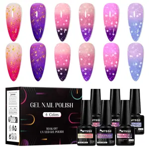 MTSSII 6pcs Snowflake Thermal Gel Based Gel Nail Polish Set, Macaron Raspberry Temperature Color Changing Gel Polish Color Gradient UV/LED Semi Permanent Gel, Soak Off UV LED Nail Manicure for Home Salon DIY Nail Art Design, UV Light Gel