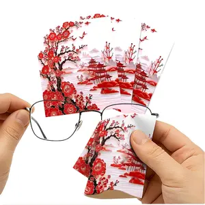 1/3/6/14pcs Red Plum & Pavilion Style Cleaning Cloth, Multiple Specifications Available, Single - Sided, Ideal for Camera Lenses, Eyeglasses, Home & Daily Use, Gentle & Effective Cleaning, Traditional Art - Inspired Design