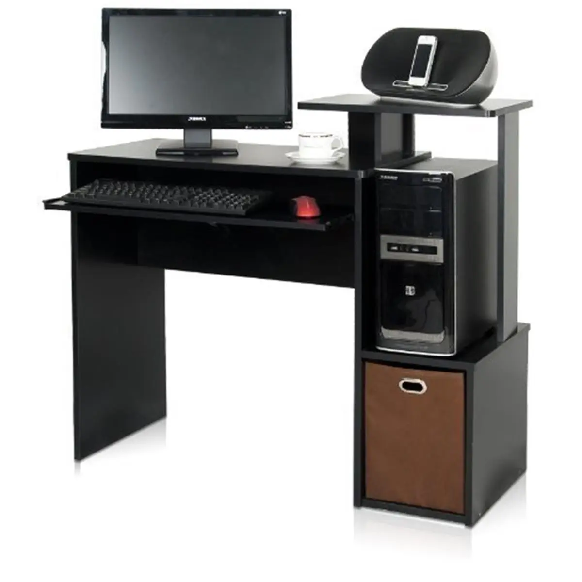 Furinno Econ Sturdy Home Office Desk - Composite Wood Workstation with Storage Bin, Black & Brown, 34.1x39.4x15.75 in., for Home Office & WFH Setups, Home Office Desks