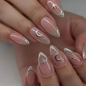 24pcs 3D Silver Color Star Moon Nail Tips, Nail Art Design, Detachable Half Handmade Nails, Includes Nail File Jelly Glue, Easy Wear False Nails