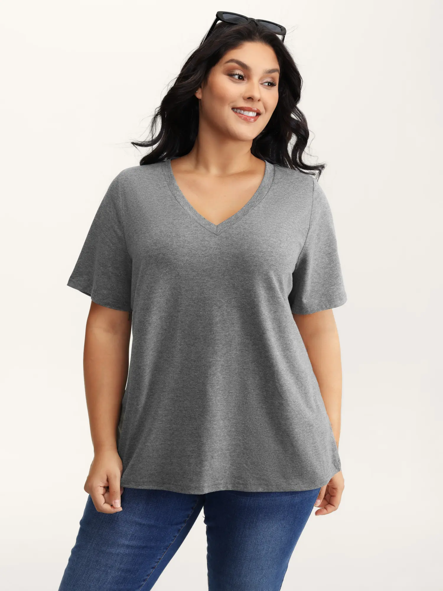 BLOOMCHIC Women's Plus-Size Cotton-Spandex Stretchy Short-Sleeve V-Neck Regular-Fit Garment, Chic & Cute Comfy T-Shirts, Plus Size Clothes, Tummy Control Summer Essential (M-6X), Shortsleeve, Fabric, Curves Women's T-Shirts, V-Neck Cut, Chic Women's T-Shi