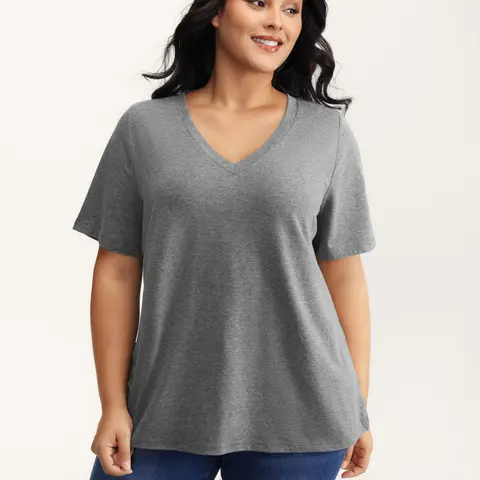 BLOOMCHIC Women's Plus-Size Cotton-Elastane Stretchy Short-Sleeve V-Neck Regular-Fit Garment, Basic Lady's Tummy Control Low-Iron Summer Essential T-Shirt (M-6X) for Curvy Women，SohoChic