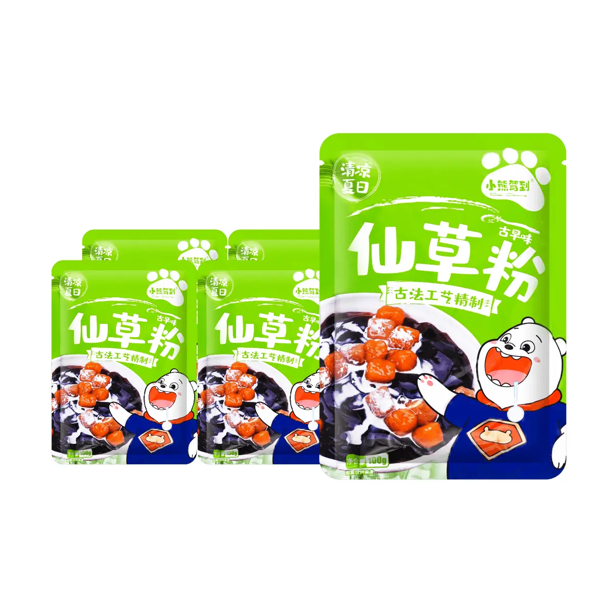 BEAR COMING Grass Jelly Powder 500g (5 x 100g Packs) - Instant Black Jelly Dessert Mix for Summer Refreshment