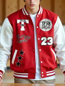 Men's School Team Jacket Colorblock Letter Print Long Sleeve Baseball Bomber Coat, Casual Fitted Boyfriend Style Fall Winter Outerwear