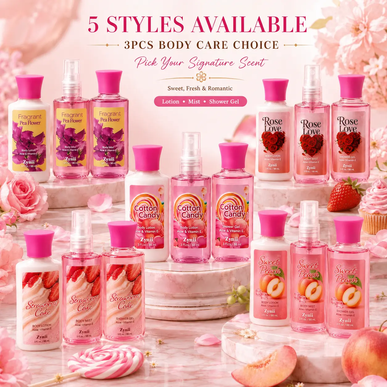5 Scents Optional 3pcs Body Care Bath Set for Women, Sweet Fragrance Gift Collection X 3 Bottles (Body Lotion And Body Mist And Shower Gel), Rose Love, Strawberry Cake, Candy, Sweet Peach Floral Notes, Perfect for Daily Care