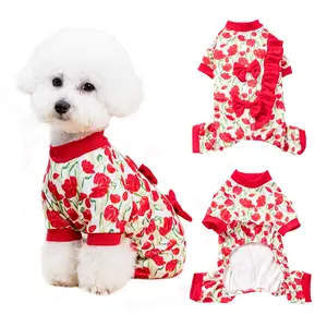 Soft Elastic Floral Pet Pajamas, Four-Legged Design for Small Dogs, Puppy & Cats, Winter Fabric Custom One-Piece Sleepwear