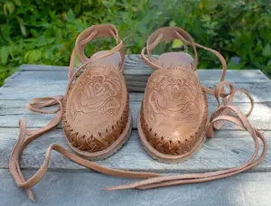 Womens LEATHER Tan closed toe lace up Rose stamped huarache MEXICAN SANDALS