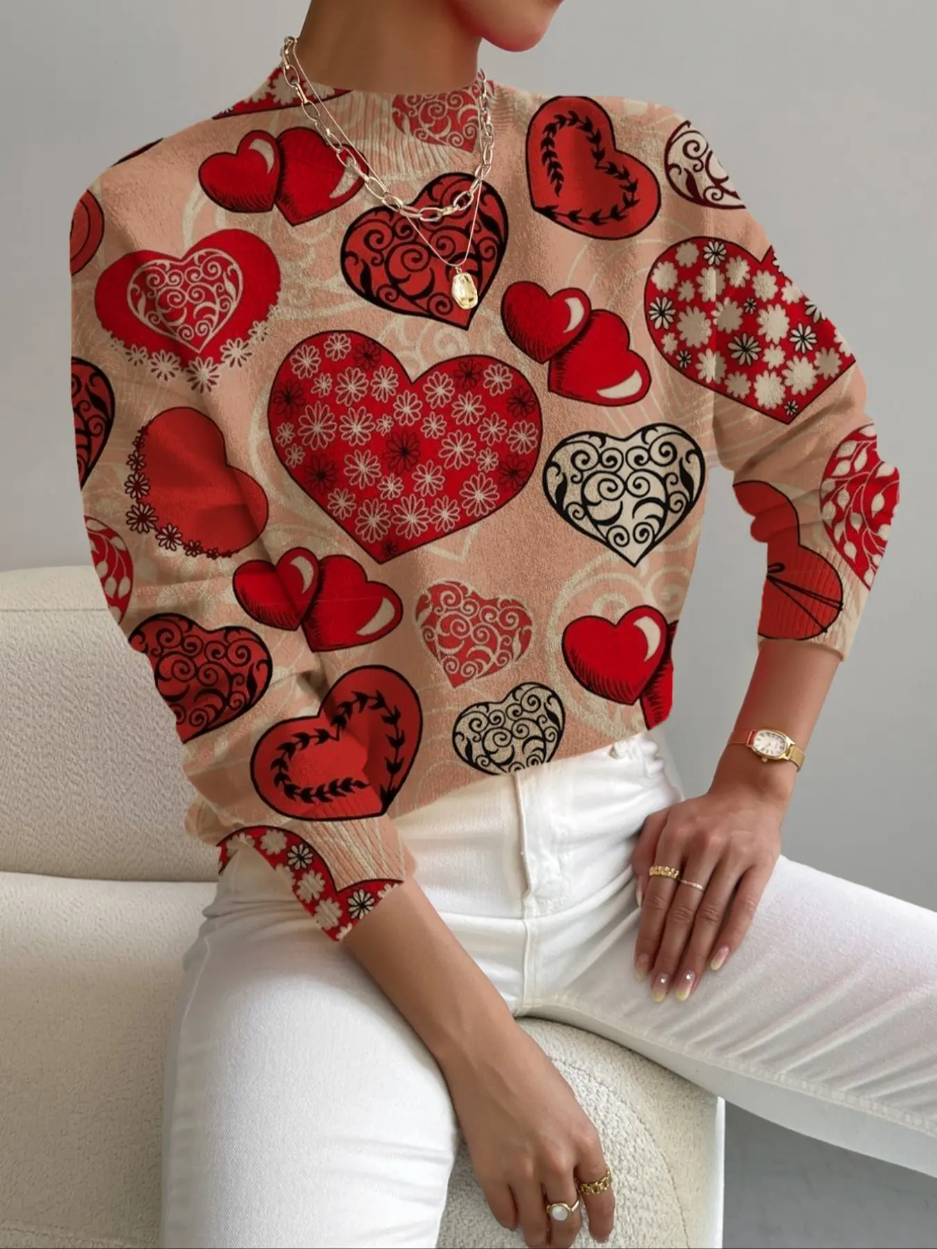 Women's Knitted Sweater with Heart Print, Casual Elegance for Holiday & Commuting, Perfect Valentine's Day Gift, Fall/winter Fashion