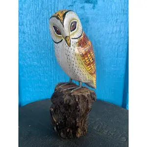 Hand-crafted Wooden Owl on a Tree Stump Bird Figurine  6.5" inches