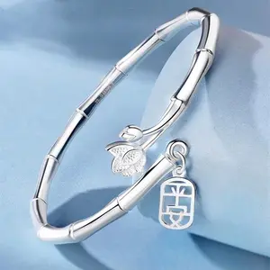 Bamboo peace bracelet women's jewelry bamboo white copper bracelet push-pull bracelet girlfriend Qixi Festival gift natural Chinese style