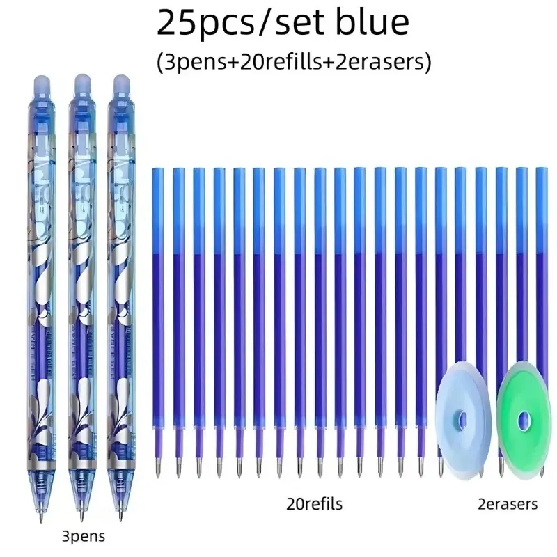 25Pcs retractable gel pen sets, 0.5mm erasable pens in 6 colors, washable handles, large capacity office writing stationery (3 pens+20 refills+2 erasers)