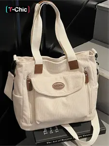 Large capacity corduroy tote bag, Soft commuter tote, multiple colors, soft texture with leather trim, multi-pocket design, simple and retro style, suitable for students, commuting, everyday wear, street style. Perfect for shopping, campus life