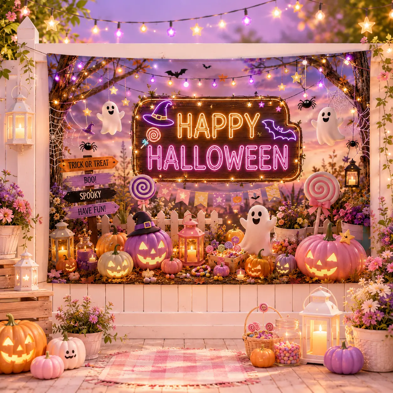 Polyester Hangable Halloween Sunset Artwork Backdrop - Pink Purple, Colorful Floral Pumpkin Ghost, Party Photo Background Props, Banners, Festive Party Theme Supplies