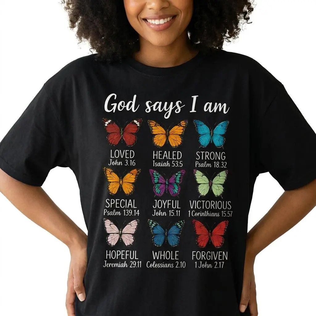God Says I Am Christian Butterfly Shirt Women Plus Size Faith Graphic Tee Bible Verse Top