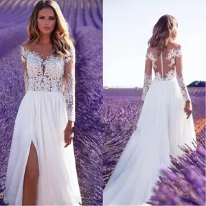 New women's clothing, wish hot-selling long-sleeve sheer lace wedding and bridesmaid dress with a high-slit long skirt