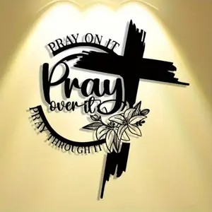 Pray on It Cross Metal Wall Art Modern Religious Home Decor for Bedroom Living Room Bathroom Waterproof Rustproof Durable Gift Idea Wall Sculpture Stylish Religious Decor Religious Decoration