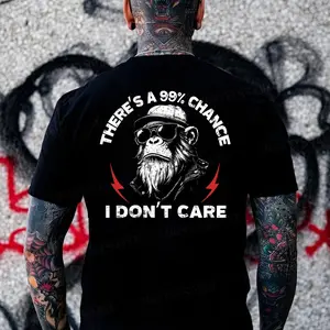 There's A 99% Chance I Don't Care Monkey T-shirt Fitted Short Sleeve Crew Neck Casual Rock Style Summer Medium Length 100% Cotton Made In USA
