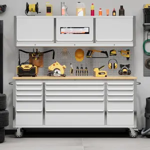 72 Inch Tool Chest, Tool Cabinet with 15 Drawers, Mobile Storage Cabinet with Locking System, Stainless Steel Material and Sturdy Structure, High Capacity for Home Workshop Kitchen and Garage.