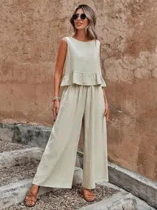 Women'S Solid Ruffle Hem Sleeveless Tank Top & Elastic Waist Wide Leg Pants Set, Casual Button-Detail round Neck Top & Pocket Trousers, Ladies Summer Clothes, Clothing Sets