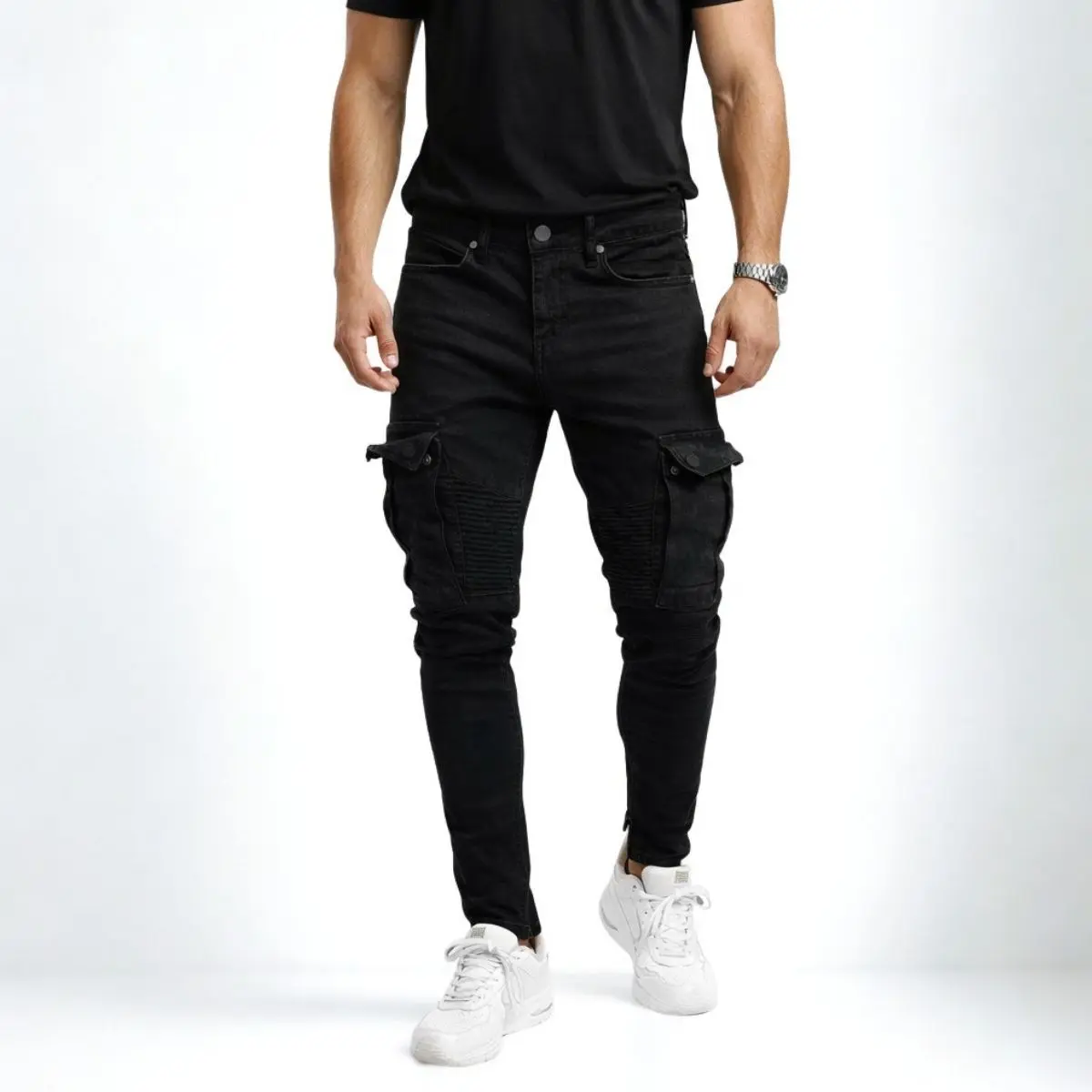 Men's Casual Biker Long Pants - Slim-Tapered Fit, Durable Stretch Denim, Ruched Patchwork, Plain Design, Better-Fitting Decorated Streetwear Jeans with Multiple Pockets, Better-Fitting Men's Jeans, Decorated Men's Jeans