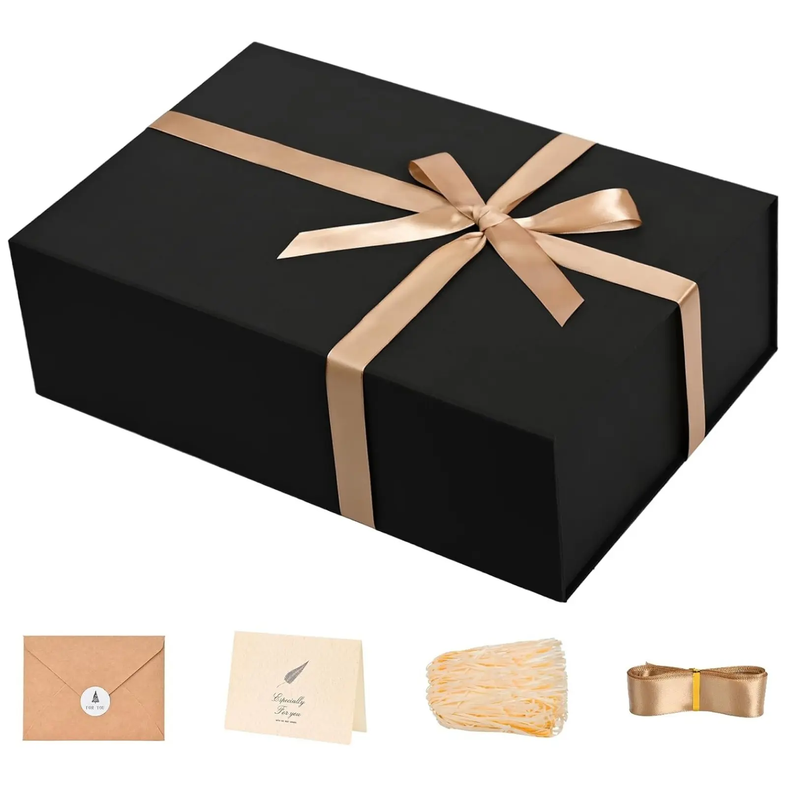 Large Gift Box 13.5" x 10" x 4" with Magnetic Lid, Black Gift Box with Ribbon, Greeting Card & Shredded Filler for Birthday, Christmas, Wedding, Anniversary & Gift Packaging