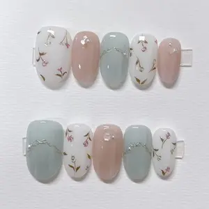 Pink & Blue Flying Flowers Customized Press on Nails, Hand Painted Fake Nails, Cute Fancy Nails, Artist Faux Nails, Reusable Premium Nails