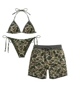 Strick Camo Design Couple Bikini Set – Sexy Triangle Tie Swimwear & Men’s Drawstring Beach Shorts, Summer Matching Outfit for Him & Her, Vacation Beachwear