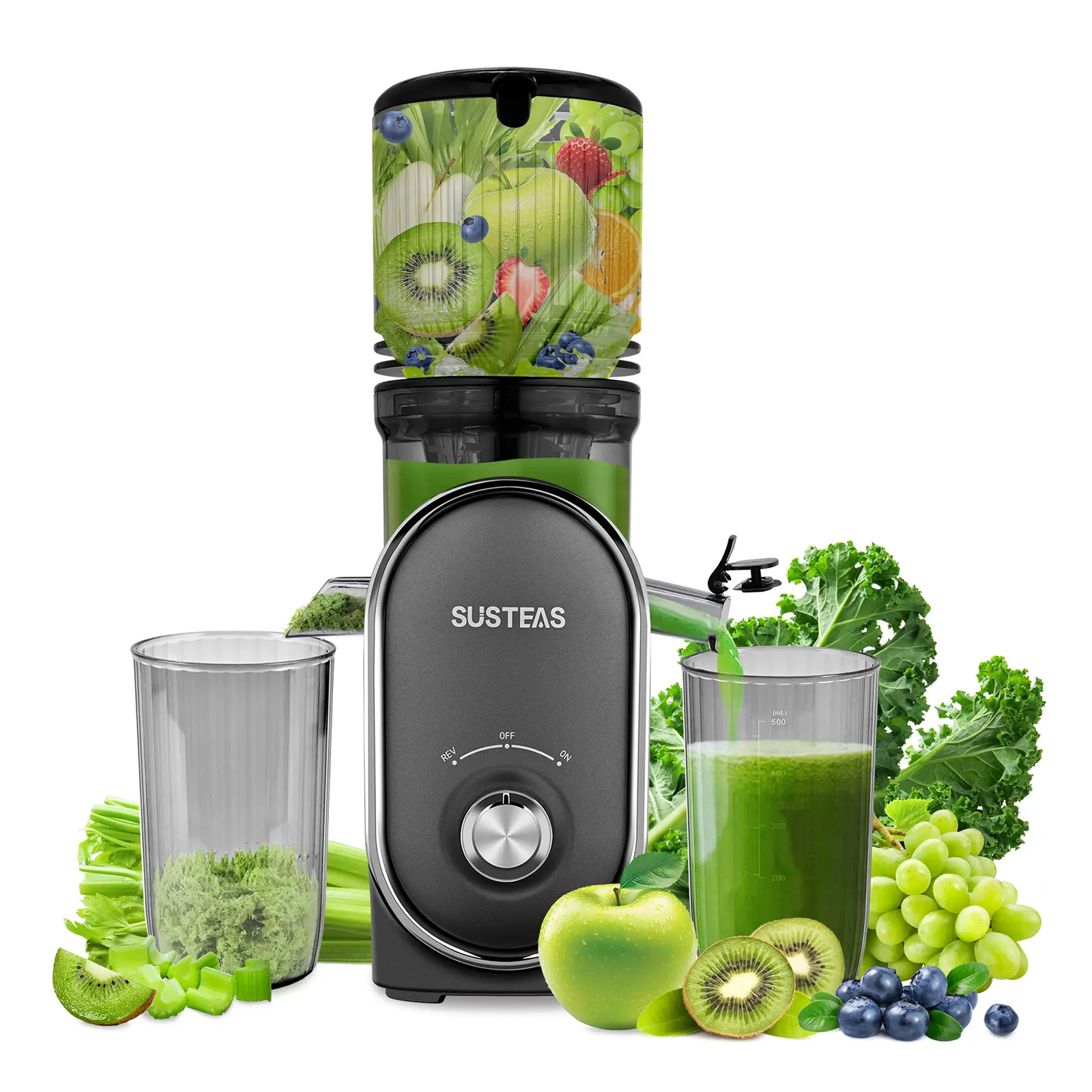 SUSTEAS 600W Portable Whole Fruit Juicer Machine - Cold Press, Wide Chute Feeder Mouth, Adjustable 3 Speeds, Fast Cleaning, Leak-Proof Design for Fresh Juices, Smoothies, Adjustable Speed Juicers