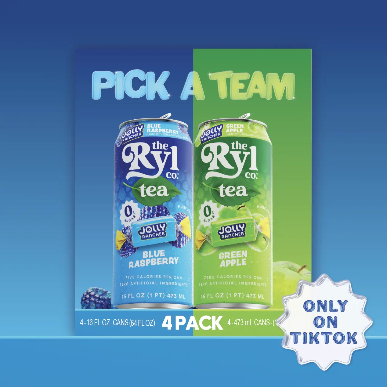 Ryl Iced Tea, Variety Jolly Rancher (Blue Raspberry/Green Apple) –Zero Sugar, Antioxidant Superblend, Low Calorie, Low Carb, Non-GMO, Kosher, Gluten Free, Made in the USA, 4-Pack, 16 Fl Oz