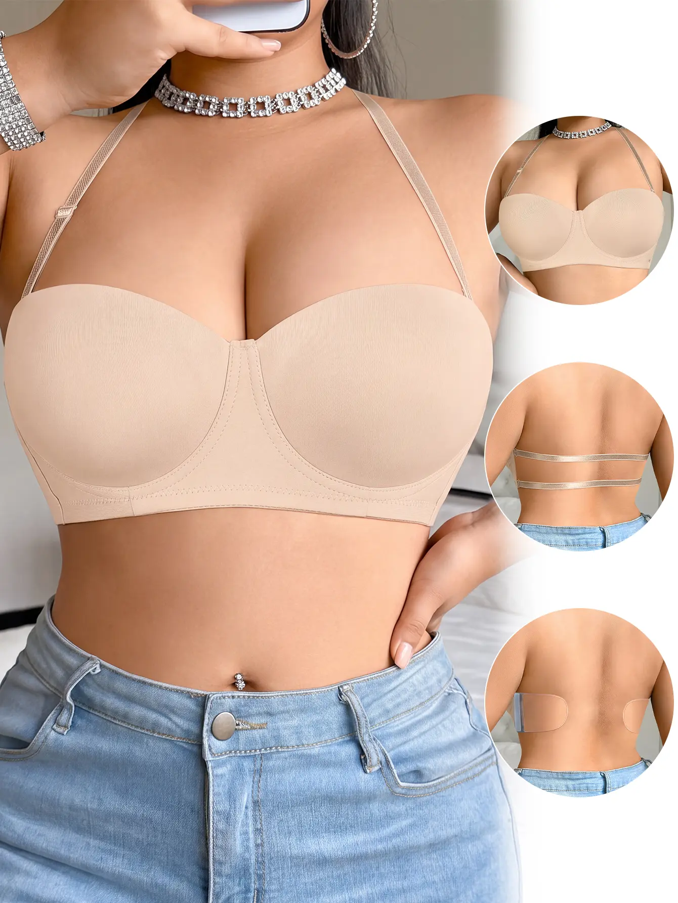 Mimilemon 3in1 Women's Multiway Strapless Minimizer Bandeau Bra with Silicone Wings Backless Non Slip Seamless Bra Everyday Wear