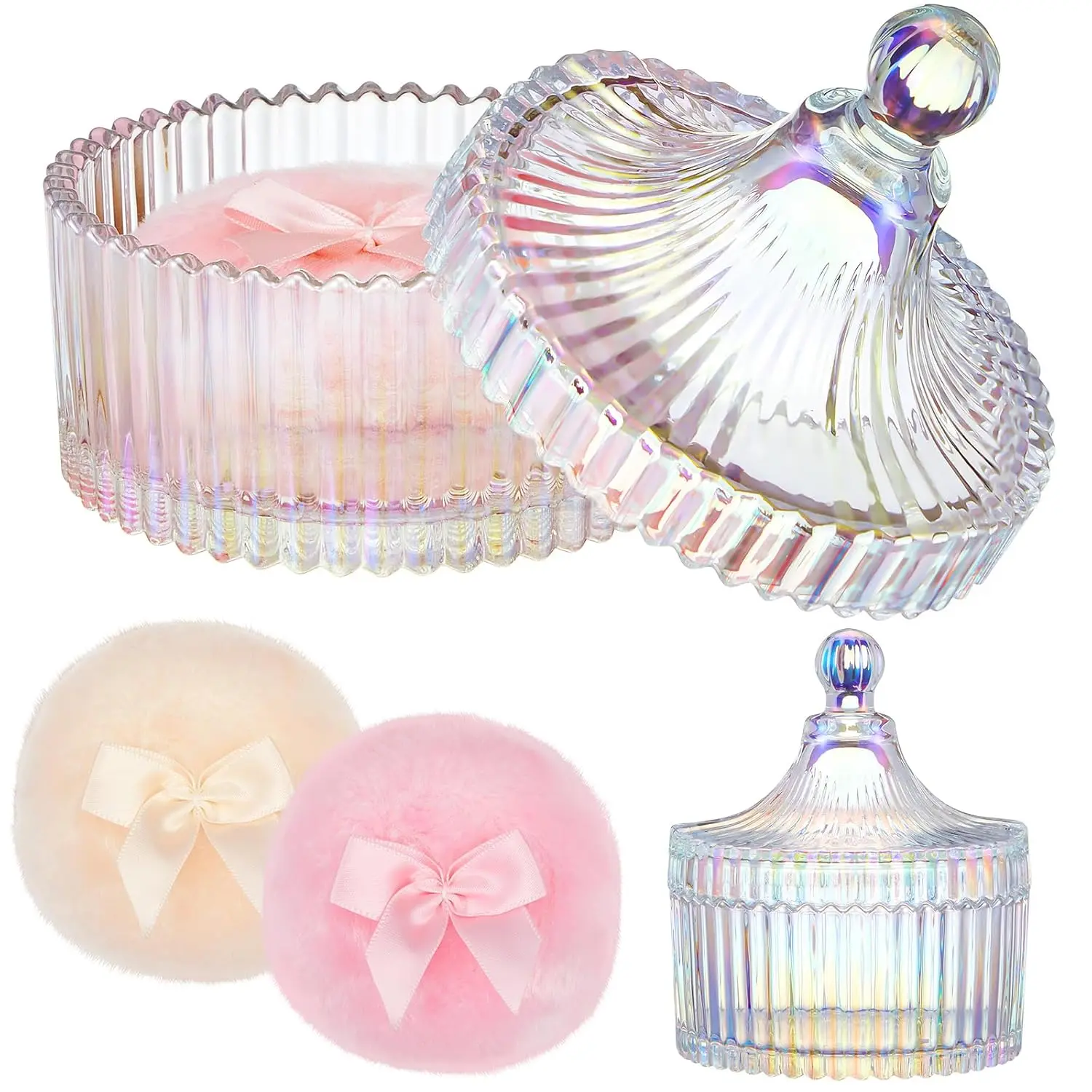3 count Large   Puff and Container  Container with Puff  Case Soft Washable  Velour   Glitter Wet Dry Makeup(Simple,Dazzling)