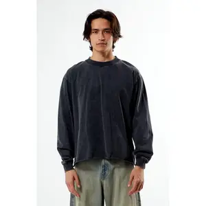 Pacsun Men's Washed Black Premium Cropped Long Sleeve T-Shirt