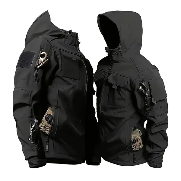 Men's Fitted Tactical Jacket, Hooded Military Softshell Windbreaker with Velcro for Patches, Multi-Pocket Outdoor Gear for Tactical Stuff, Waterproof, Coat, Polyester, Segmented Cut