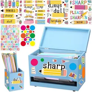 Back to School Supplies 8 Pcs Wooden Pencil Dispenser Kit for Classroom Multicolor Pen Holder Straw Dispenser Sharp and Dull Letter Stickers DIY Stationery Organizer Desk Accessories for Teacher