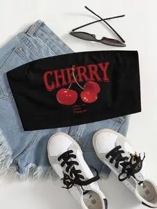 Women's Sexy Crop Top Tube Vest, Jelly Cherry Print, Y2K Style, Slim-Fitting, Spring Summer Fashion, Casual Daily Wear, Party, Everyday, Womenswear